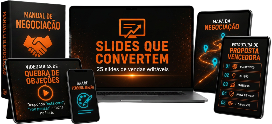 Slides que Convertem: 25 slides editáveis, videoaulas, mapa da negociação e guia de personalização