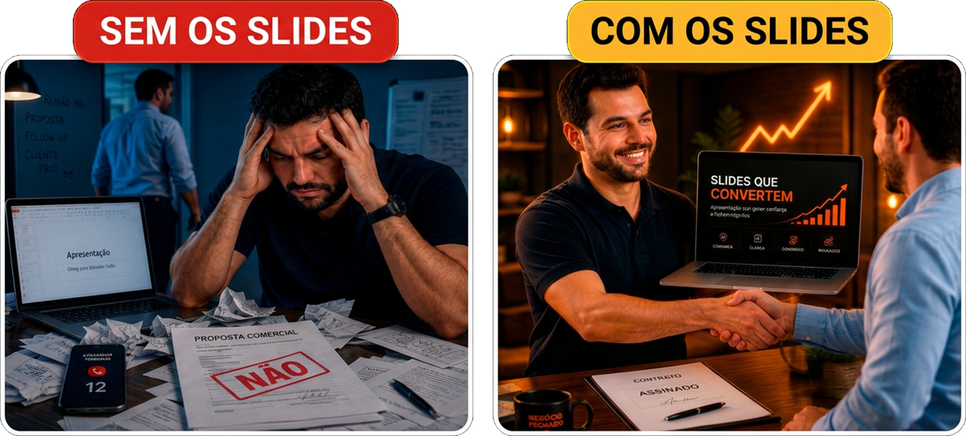 Comparação entre uma reunião sem os slides e uma reunião com os Slides que Convertem